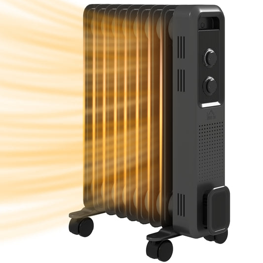 HOMCOM 2000W Oil Filled Radiator, 9 Fin, Portable Electric Heater with 3 Heat Settings, Safety Cut-Off and Wheels, Grey