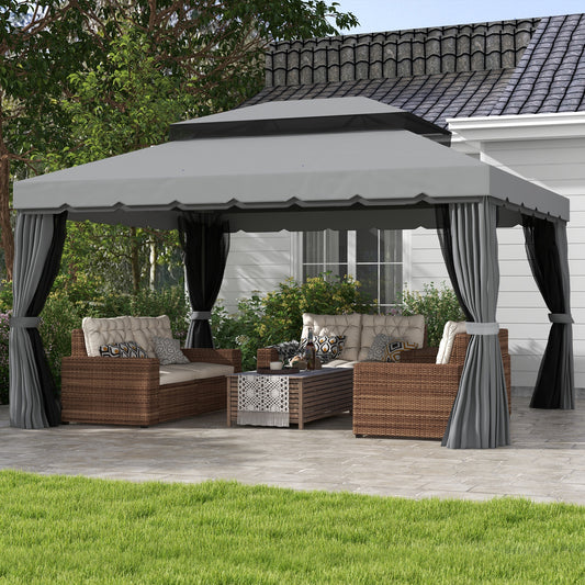 Outsunny 3 x 4m Aluminium Garden√Ç Gazebo, Marquee Canopy Shelter Pavilion Party Tent with Nets and Curtains for Garden and Deck, Light Grey