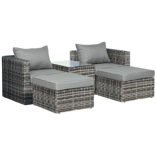 Outsunny Five Piece Rattan Armchair, Stool and Table Set - Mixed Grey