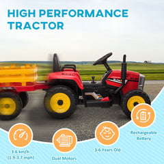 HOMCOM Ride On Tractor, Battery Powered Electric Car, with Detachable Trailer, Remote Control, Music - Red