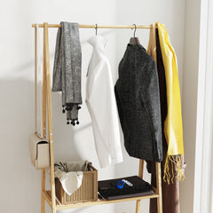 HOMCOM Bamboo Clothes Rack, with Shelves and Hooks - Natural Finish