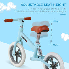 HOMCOM 12" Kids Balance Bike No Pedal Bicycle EVA Tire Adjustable Seat Toddler Training Bike W/ Shock Absorber 2 - 5 Years Gift for Boys Girls Blue