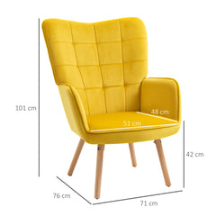 HOMCOM Modern Accent Chair, Upholstered Tufted Wingback Armchair with Seat Padding, Leisure Lounge Bedroom Chair with Wood Legs, Yellow