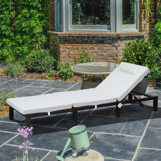 Outsunny PE Rattan Sun Lounger with Soft Padded Cushion, Patio 5-level Reclining Sun Lounger with Headrest, White