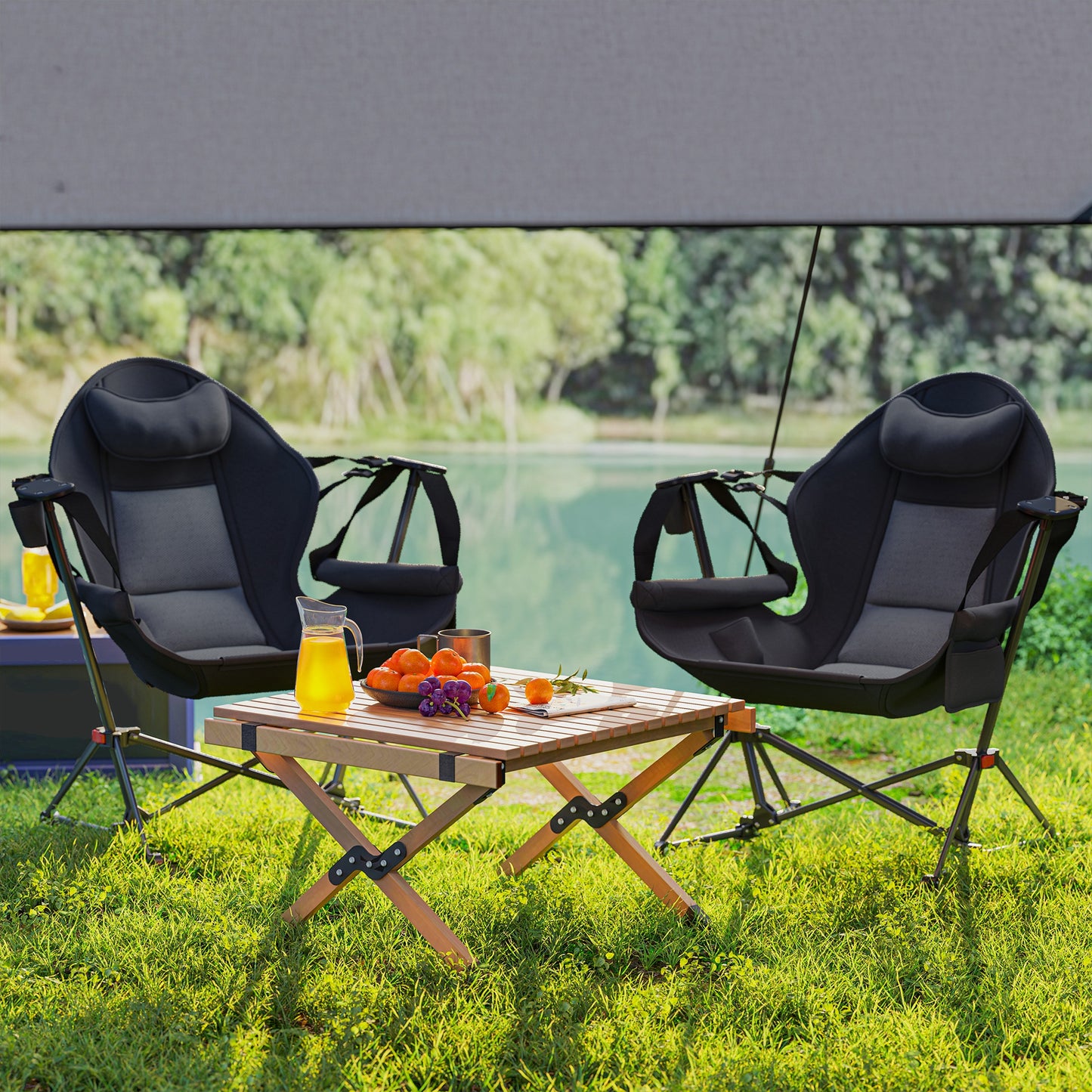 Outsunny Hammock Camping Chair Set of 2, Adjustable Back Swinging Camping Chair Portable Swinging Chair with Cup Holder, Headrest, Padded Seat and Carry Bag for Travel Fishing Hiking, Black