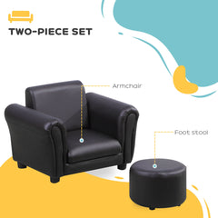 HOMCOM Toddler Chair Single Seater Kids Sofa Set, 54 x 42 x 41cm, Kids Sofa with Stool, Black