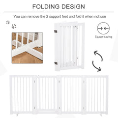 PawHut Freestanding Pet Gate 4 Panels Wooden Dog Safety Fence Foldable with Support Feet for Doorway Stairs 91cm Tall White