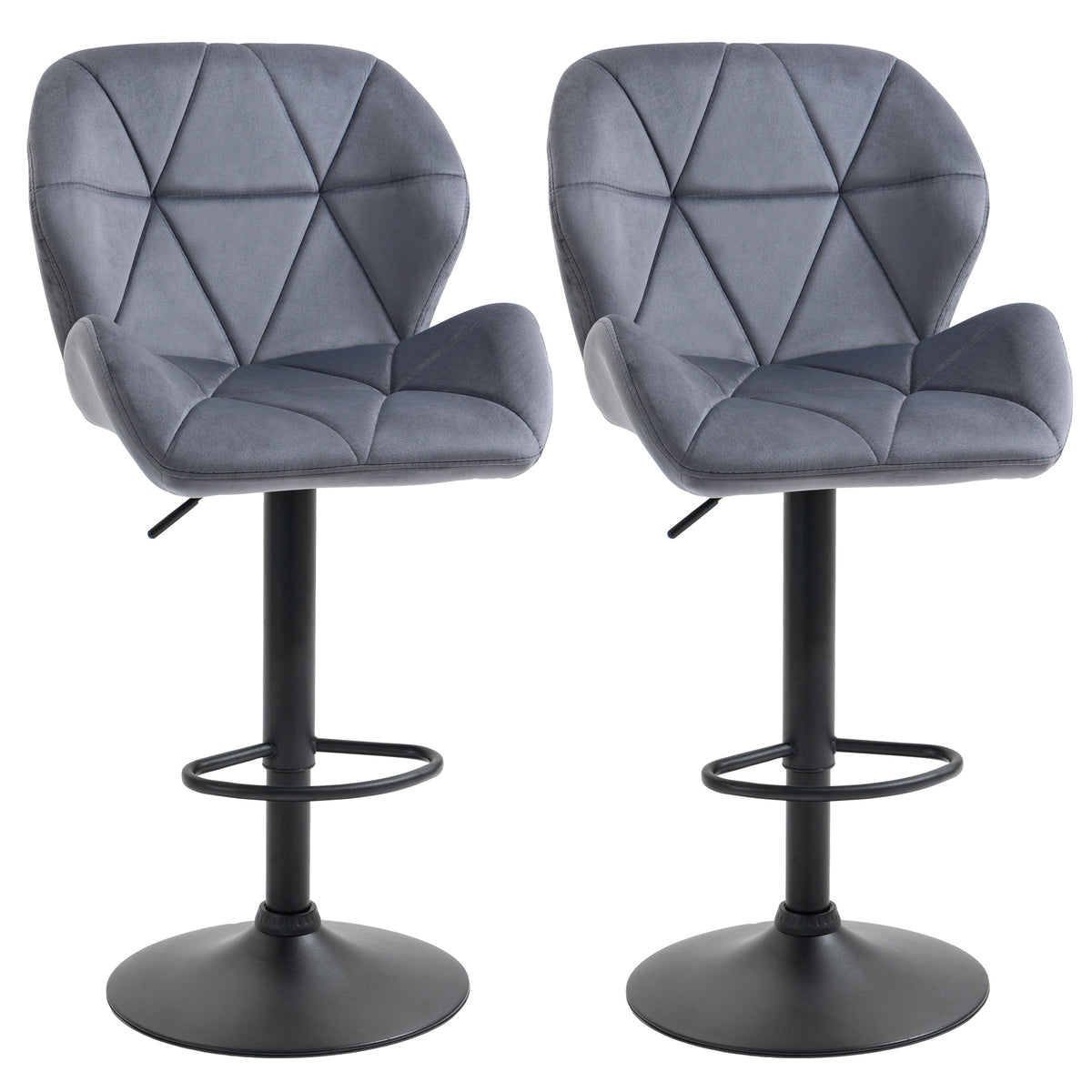 HOMCOM Adjustable Bar Stools Set of 2, Armless Upholstered Swivel Counter Chairs, Barstools with Back, Footrest, Dark Grey