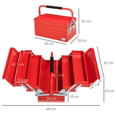 DURHAND Metal Tool Box 3 Tier 5 Tray Professional Portable Storage Cabinet Workshop Cantilever Toolbox with Carry Handle, 45cmx20cmx34.5cm, Red