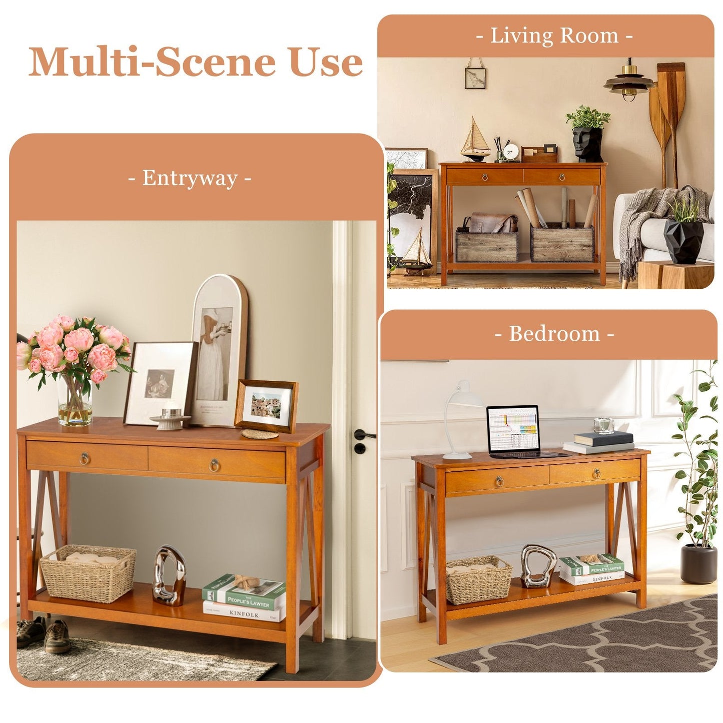 Wooden Console Table with Drawer and Open Storage Shelf for Entryway