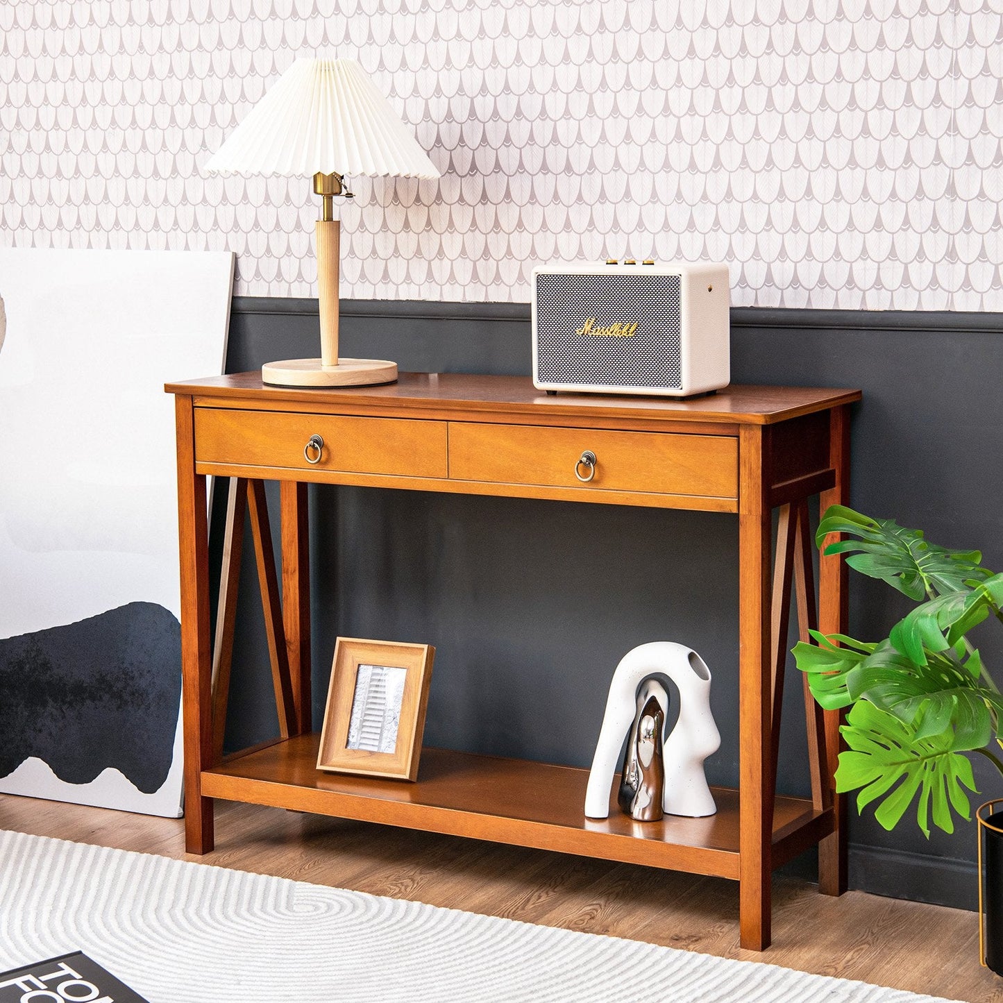 Wooden Console Table with Drawer and Open Storage Shelf for Entryway