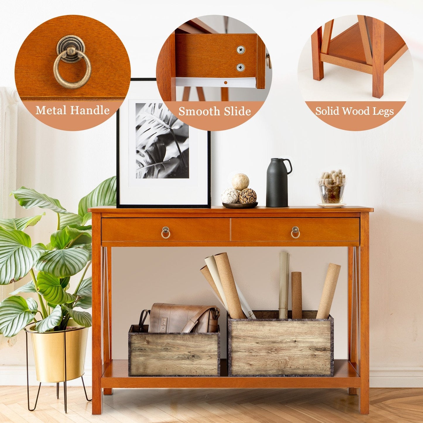 Wooden Console Table with Drawer and Open Storage Shelf for Entryway