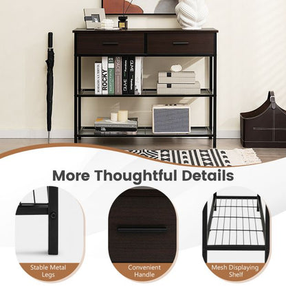 Entryway Console Table with 2 Drawers and 2-Tier Shelves-Brown