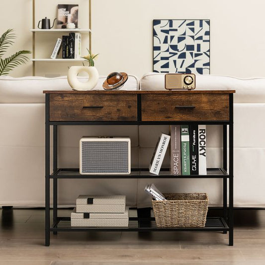 Entryway Console Table with 2 Drawers and 2-Tier Shelves-Coffee