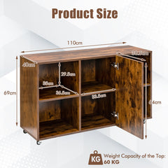 Wooden Rolling Storage Cabinet with 6 Compartments for Home Office -Rustic Brown