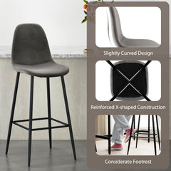 Soft Velvet Upholstered Bar Chairs with Backrests and Footrests-Grey