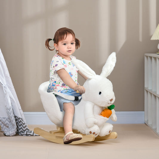 HOMCOM Kids Rabbit-Shaped Rocking Horse, with Safety Belt, Realistic Sounds, for Ages 18-36 Months - White