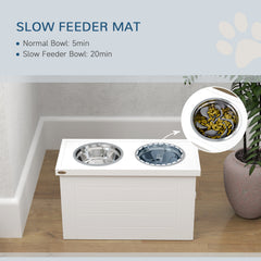 PawHut Raised Dog Bowls w/ Slow Feeder Mat, Storage Cabinet, 3 Stainless Steel Bowls, Semi-Auto Dispenser Function, White