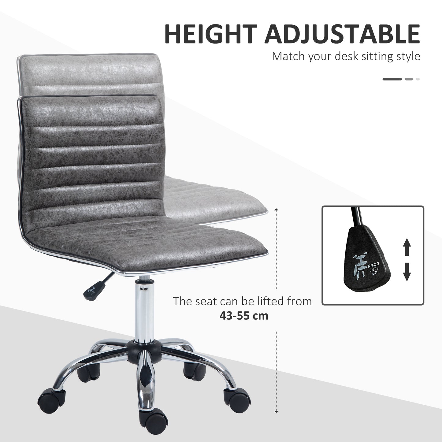 HOMCOM Armless Task Desk Chair, Swivel Office Chair with Microfibre Cloth, Adjustable Seat Height, Chrome Base, Wheels for Home, Grey