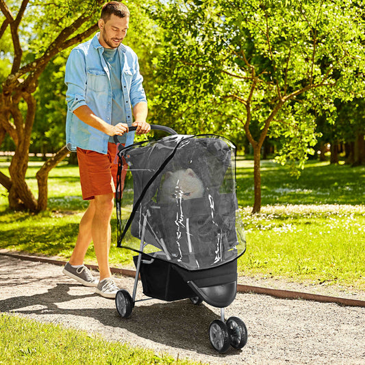 عربة أطفال PawHut Pet Travel Stroller مع غطاء للمطر، وعربة أطفال قابلة للطي بثلاث عجلات للقطط والكلاب مع سلة تخزين وحامل أكواب للكلاب الصغيرة (أسود)