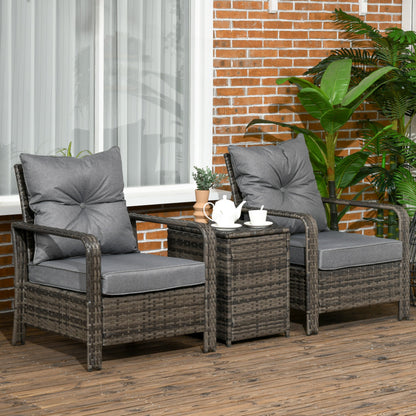 Outsunny 3 Pieces Rattan Bistro Set, Wicker Garden Furniture Set with Storage Coffee Table and Chairs, Thickened Cushions for Outdoor, Patio, Balcony, Grey