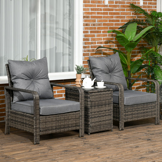 Outsunny 3 Pieces Rattan Bistro Set, Wicker Garden Furniture Set with Storage Coffee Table and Chairs, Thickened Cushions for Outdoor, Patio, Balcony, Grey