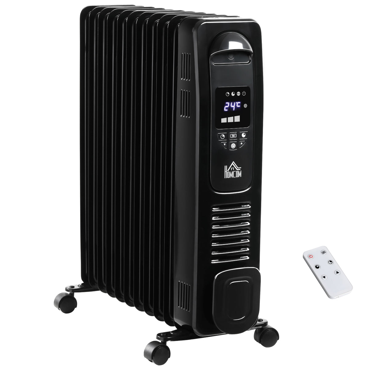 HOMCOM 2500W Digital Display Oil Filled Radiator, 11 Fin Portable Electric Heater with Timer, Adjustable Thermostat, Three Heat settings, Safety Cut Off, Remote, Black