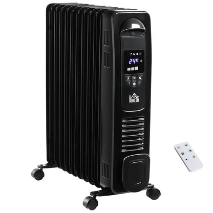 HOMCOM 2500W Digital Display Oil Filled Radiator, 11 Fin Portable Electric Heater with Timer, Adjustable Thermostat, Three Heat settings, Safety Cut Off, Remote, Black