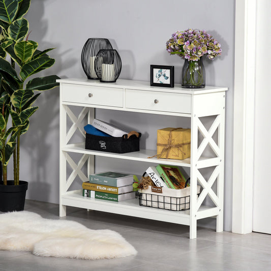 HOMCOM Console Table Side Desk w/ Shelves Drawers Open Top X Support Frame Living Room Hallway Home Office Furniture White