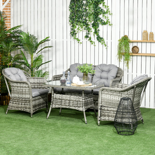 Outsunny Four-Piece Rattan Set, with Glass-Top Table - Grey