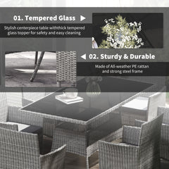 Outsunny 7-Piece Rattan Garden Furniture Set with Cushions, 6 Seater Garden Table and Chairs, Rattan Dining Set with 6 Armchairs, Rectangular Glass Top Table, Charcoal Grey