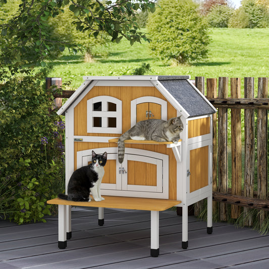 PawHut Outdoor Cat Shelter 2 Tiers Wooden Feral Cat House with Openable Asphalt Roof, Escape Doors, Terrace, for 1-2 Cats