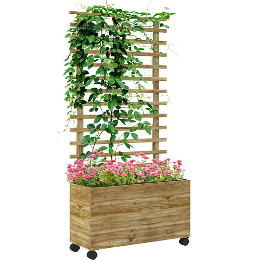 Outsunny Wooden Raised Planter, with Back Trellis - Natural Finish