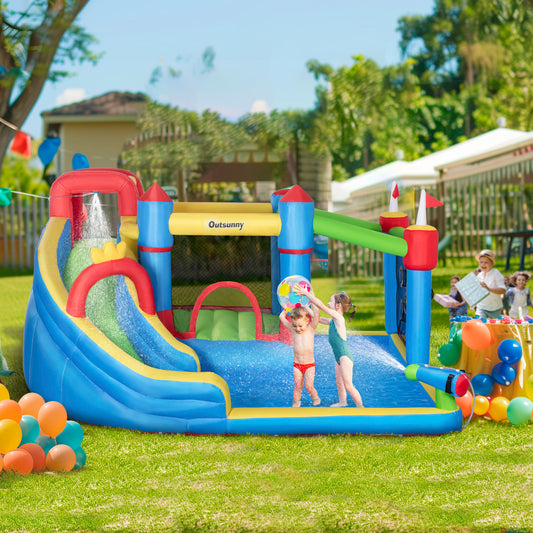 Outsunny Kids Inflatable Bouncy Castle Water Slide 6 in 1 Bounce House Jumping Castle Water Gun Climbing Wall with Air Blower for Age 3-8, 3.9 x 3 x 2m