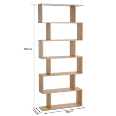 HOMCOM Bookcase, 6 Tier Shelf S Shaped Bookshelf, Storage Unit, Display Shelf for Living Room, Bedroom, Home Office, Plant, Oak