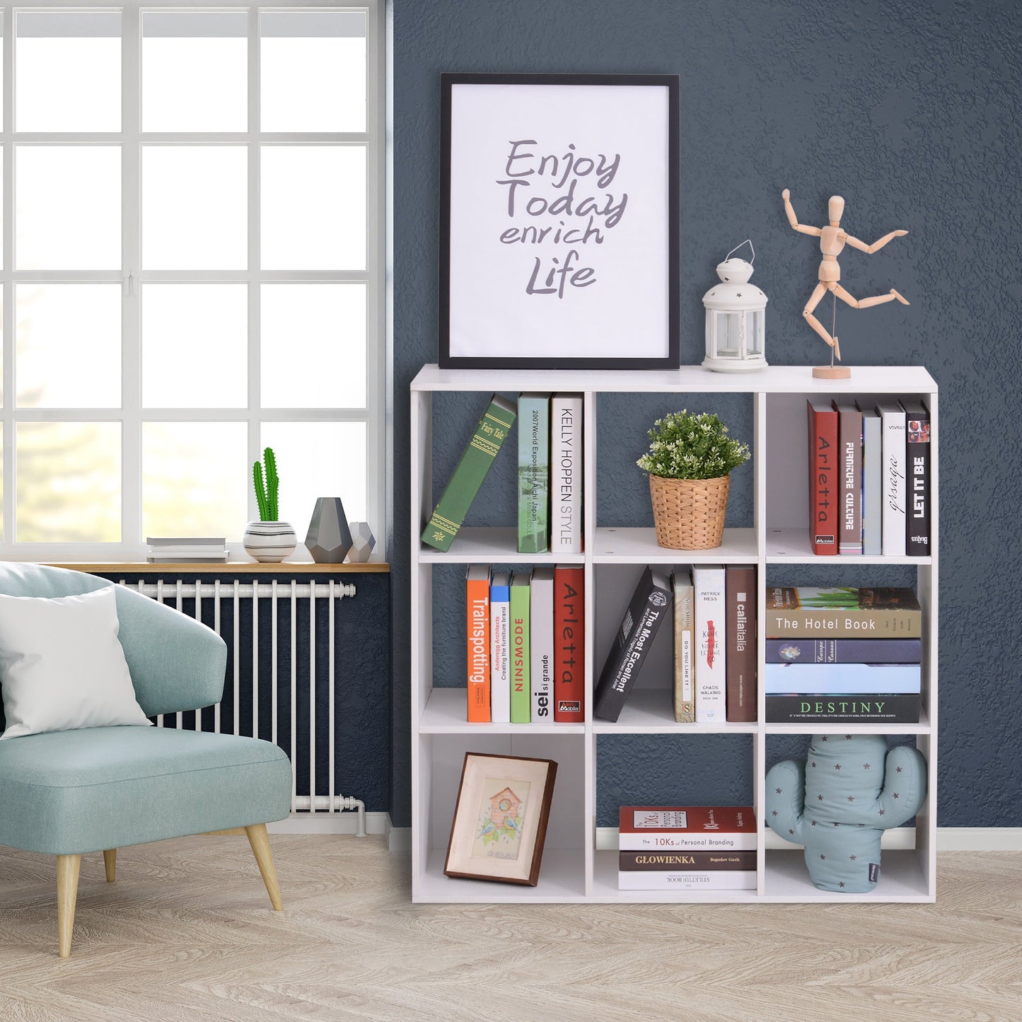 HOMCOM Wooden 9 Cube Storage Cabinet Unit 3 Tier Bookcase Shelves Organiser Rack Display - White