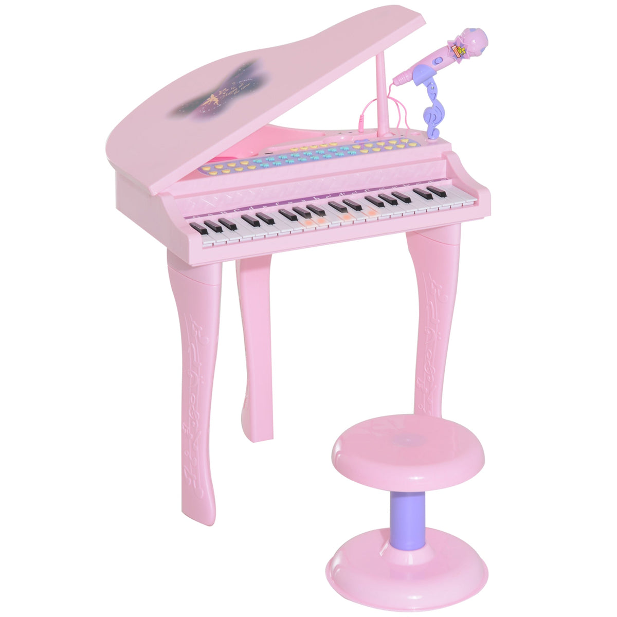 HOMCOM 37 Keys Kids Mini Electronic Keyboard Children Grand Piano with Stool Microphone Light Musical Instrument Educational Game Toy Set (Pink)