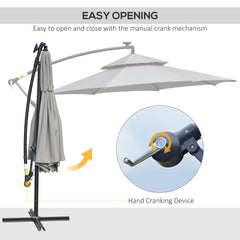 Outsunny 3(m) Cantilever Banana Parasol Hanging Umbrella with Double Roof, LED Solar lights, Crank, 8 Sturdy Ribs and Cross Base for Outdoor, Garden, Patio, Light Grey