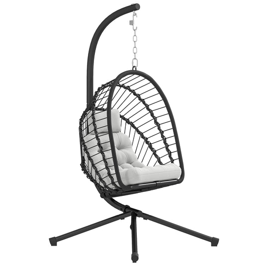 Outsunny Outdoor PE Rattan Swing Chair with Cushion, Garden Foldable Basket Patio Hanging Egg Chair with Metal Stand, Headrest, for Indoor and Outdoor, Black