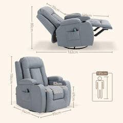 HOMCOM Massage Recliner Chair with 8 Vibration & Heat, PU Leather Recliner Armchair with Cup Holders and Side Pockets, Manual Reclining Chair with Remote, 360√Ç¬∞ Swivel, Rocking, Light Grey