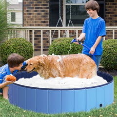 PawHut Foldable Dog Paddling Pool Pet Cat Swimming Pool Indoor/Outdoor Collapsible Summer Bathing Tub Shower Tub Puppy Washer (â140 x 30H (cm), Blue)