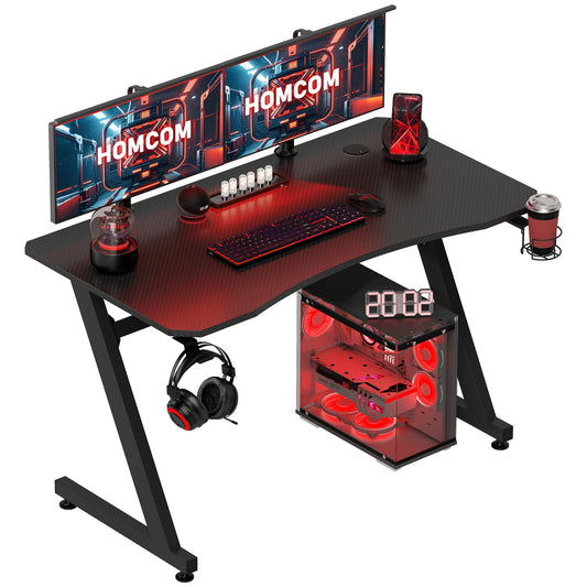 HOMCOM Gaming Desk 120 x 65 cm Steel Frame with Cup Holder, Headphone Hook, Adjustable Feet and Cable Organiser, Home Office Computer Table, Black