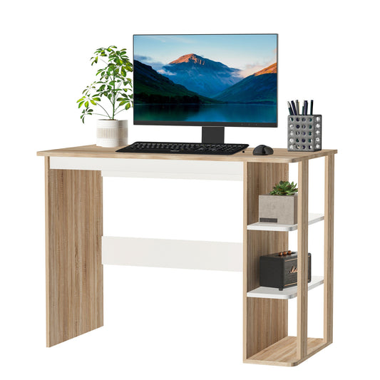 HOMCOM Computer Desk, Writing Desk with 3-Tier Storage Shelf, Work Table for Home Office, Study, Living Room, Oak and White