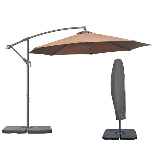 Outsunny 3(m) Garden Banana Parasol Cantilever Umbrella with Crank Handle, Cross Base, Weights and Cover for Outdoor, Hanging Sun Shade, Coffee