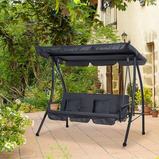 Outsunny Outdoor 2-in-1 Swing Chair Lounger 3 Seater Garden Swing Seat Bed Convertible Tilt Canopy W/ Cushion, Dark Grey