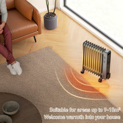 HOMCOM 2500W Oil Filled Radiator, 11 Fin, Portable Electric Heater with 3 Heat Settings, Safety Cut-Off and Wheels, Grey