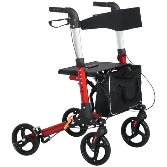 HOMCOM Folding Rollator Walker with Seat and Backrest, Lightweight Walking Frame with Detachable Storage Bag, Dual Brakes, Adjustable Handle Height, 4 Wheeled Walker for Seniors, Handicapped, Red