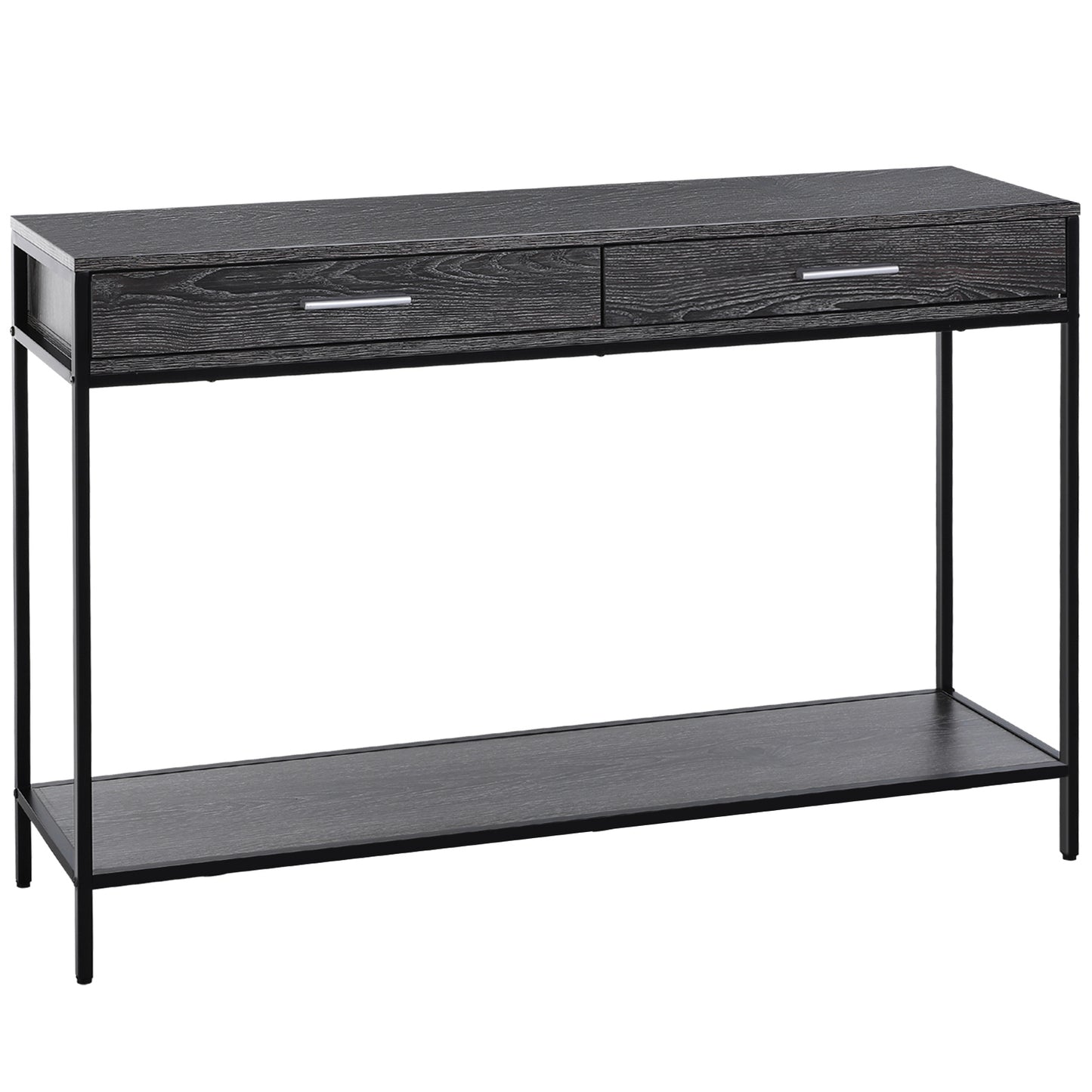 HOMCOM Console Table Worktop Bottom Shelf Home Two Drawer Industrial Minimal Style Grey Wood Tone Effect