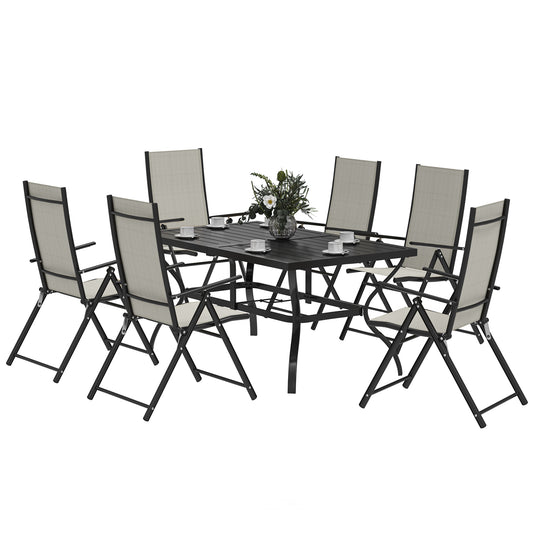 Outsunny Seven-Piece Steel Outdoor Dining Set, with Parasol Hole - Khaki