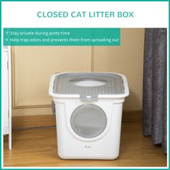 PawHut Cat Litter Box, Pet Toilet, Enclosed Kitten Pan with Front Entrance Top Exit, High Side, Scoop, White